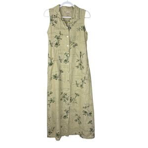 Vtg 90s Maxi Dress Linen Pockets Earthy Floral Romantic Sage Green Size S